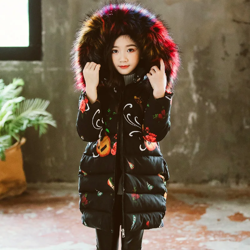 Fashion Printed Winter Girls Coats Thicken  Cartoon Graffiti Overcoat Warm Hooded Kids Outerwear With Fur Collar Parkas Clothing