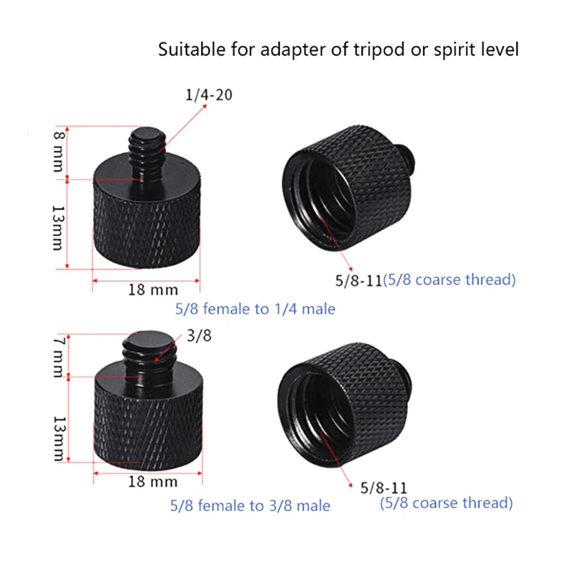 Non-slip 5/8 "fêmea a 3/8" macho e 1/4 "adaptador masculino do microfone para o adaptador do nível do espírito do tripé anti-corrosão