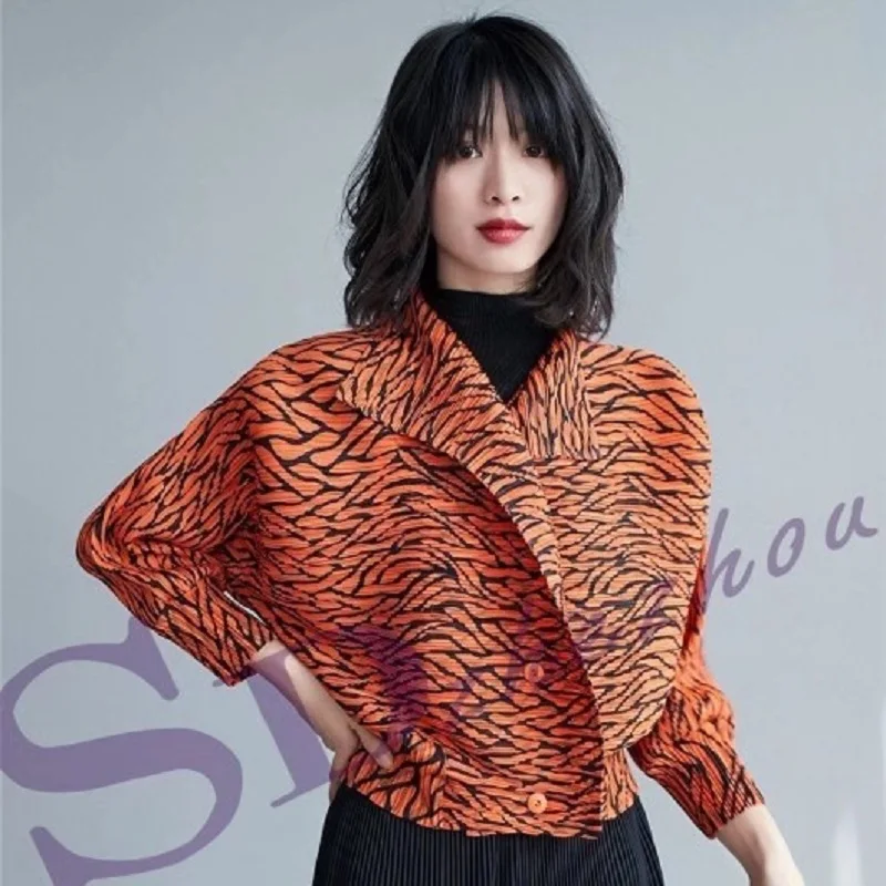 HOT SELLING MIiyake Fashion fold Nine points sleeve Leopard print coat single breasted turndown collar coat  IN STOCK