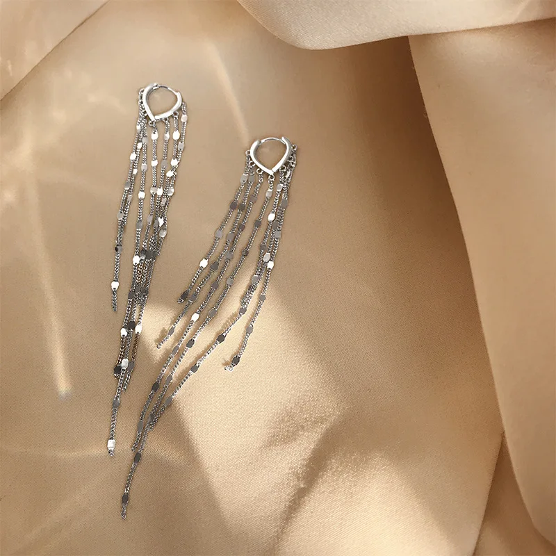 QMCOCO Silver Color  Light Luxury Long Tassel Hoop Earrings Woman Trendy Temperament Heart-Shape Elegance Handmade Fine Jewelry