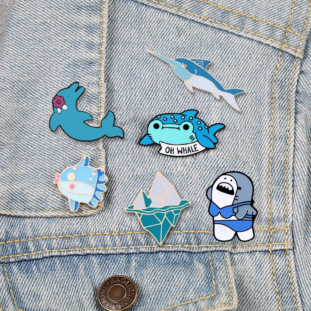 Sea Cuties Pin Blue Fishes Whale Dolphin Shark Iceberg Cartoon Brooch Enamel Lapel Pins Badge Brooches Clothes Backpack Jewelry