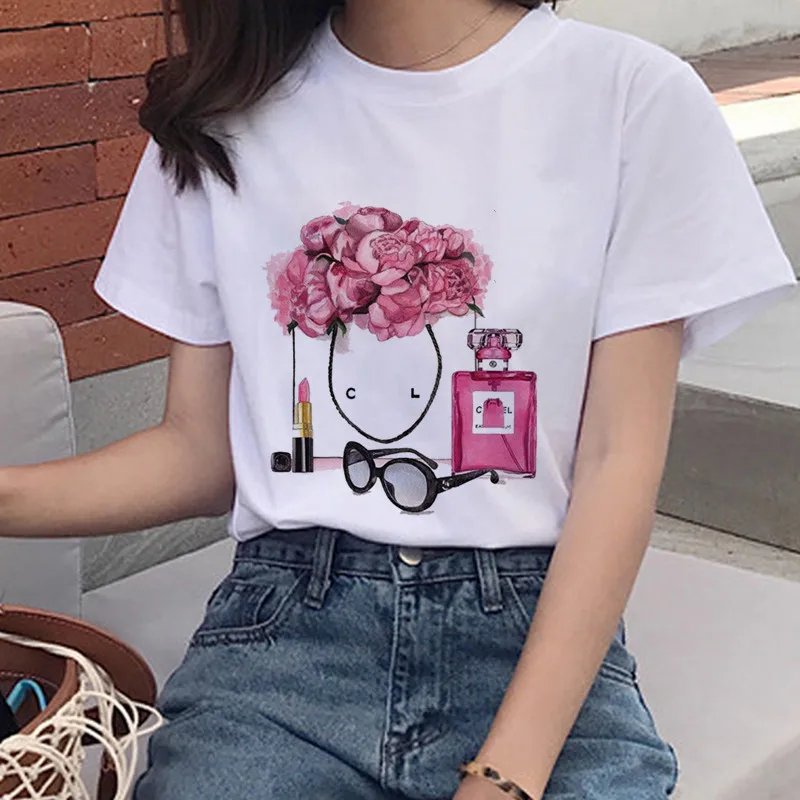 New product perfume bottle printing women's t-shirt fashion top brand Harajuku short-sleeved women's t-shirt women's t-shirt top