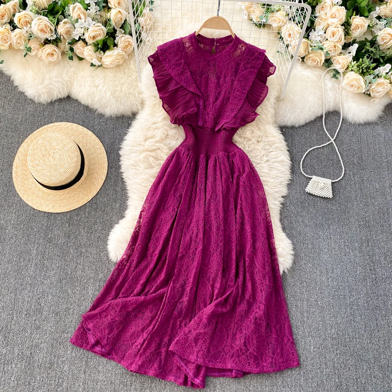 

2021 Patchwork lace Sleeveless party full dress summer Vintage Turtleneck Elastic waist slim solid club evening long dress