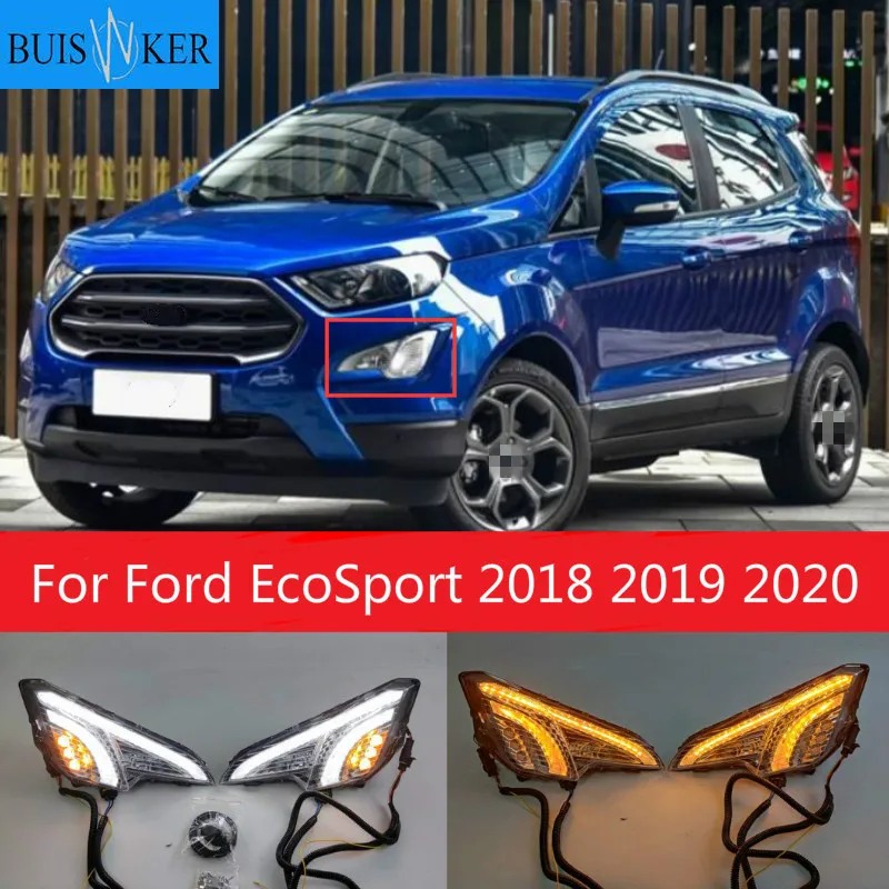 

1Pair Car LED DRL Daytime Running Light For Ford EcoSport 2018 2019 2020 Yellow Turn Signal Function Waterproof Fog Lamp cover