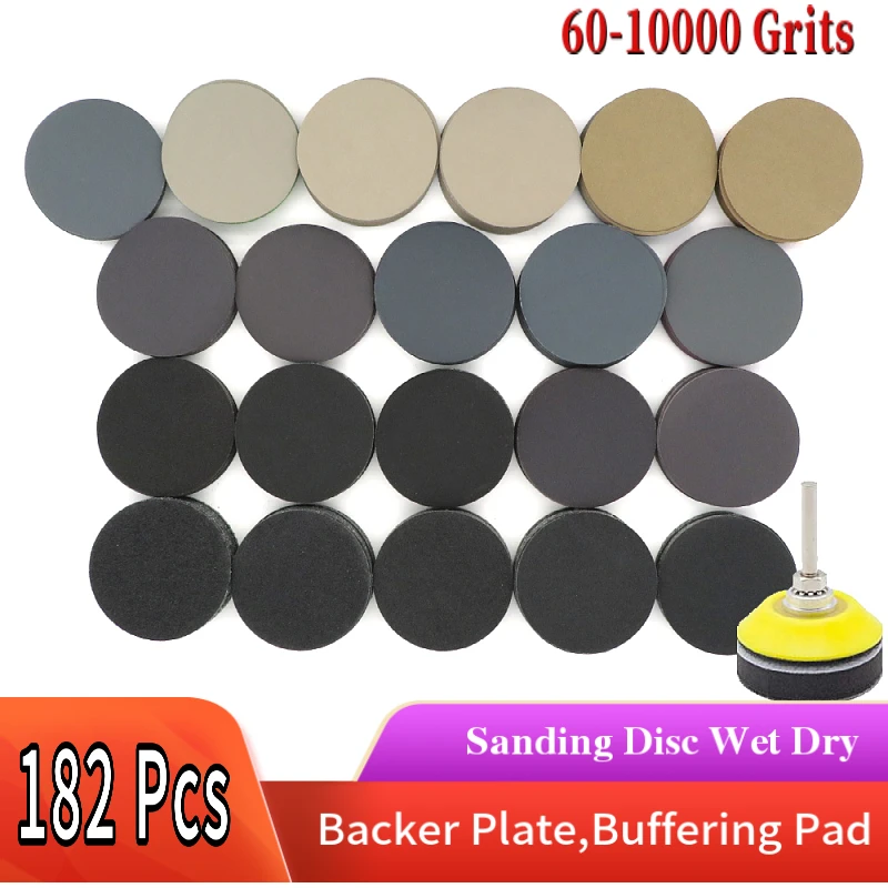 182 PCS Set 2 Inch Sandpaper Sanding Disc Wet Dry Sander Sheets with Sanding Pad Foam Buffing Pad Grinding Abrasive Sanding Set