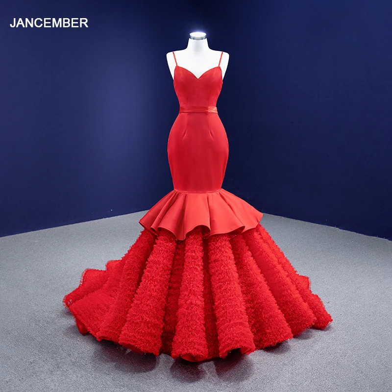 J67311JANCEMBER Red Sexy Evening Dress 2021 Frill Strap Backless Tiered Banquet Reception Fishtail Gown robe de soirée rouge