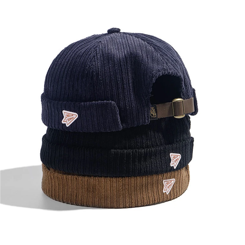 

Corduroy Brimless Docker Leon Cap Adjustable Street Casual Sailor Skullcap Beanie Hat No Brim Rolled Cuff Retro Trucker Worker