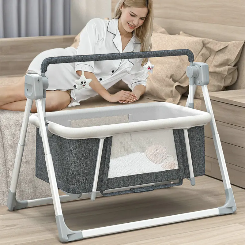 Grey Color Baby Electric Cradle Bed, Compact Foldable Swing for Newborn Infant with Remote Control & Soothing Music