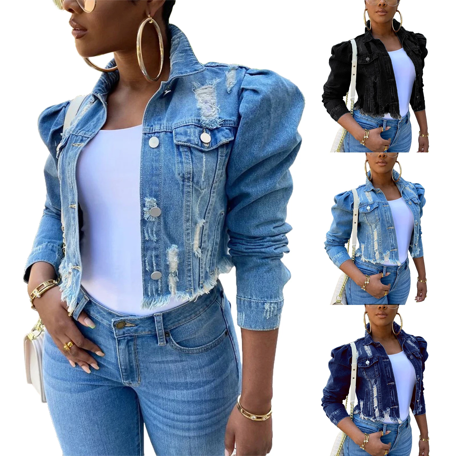 Y2k Women\'s Ripped Denim Jacket Casual Long Puff Sleeve Button Down Cropped Jean Coats for Fall