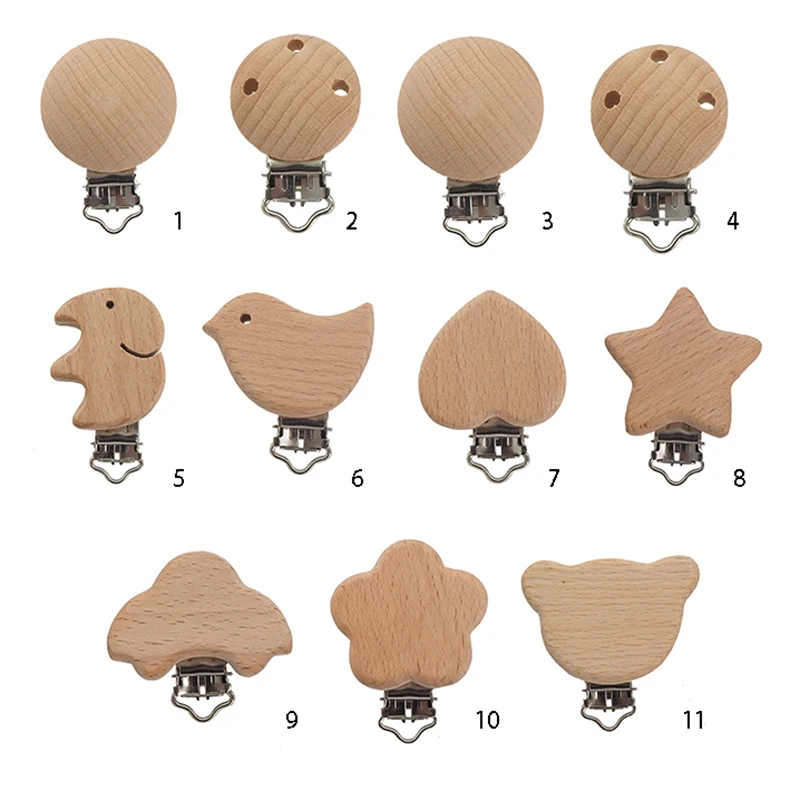 Chenkai 50PCS Wooden Bear Flower Car Heart Bird Elephant Round Star Clips BPA Free For DIY Baby Nature Pacifier Chain Gifts