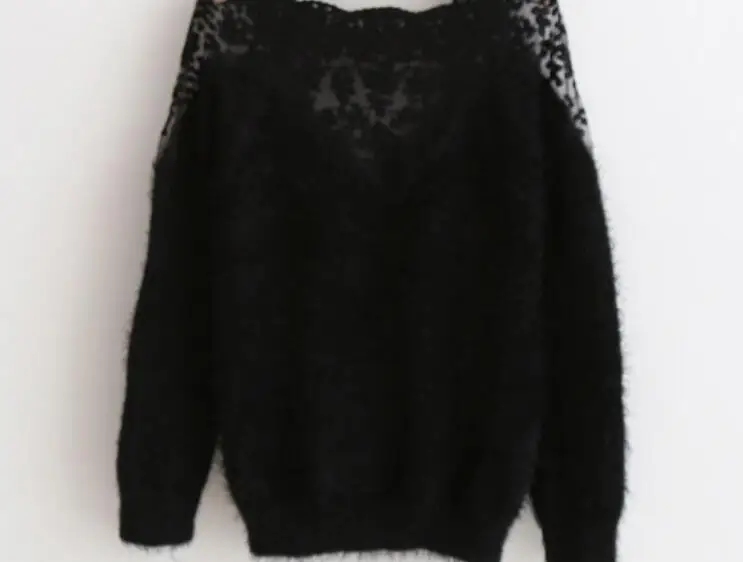 Women patchwork lace casual mohair knitted pullover 2023 new spring autumn soft long sleeve white/black sweater pullovers S2907