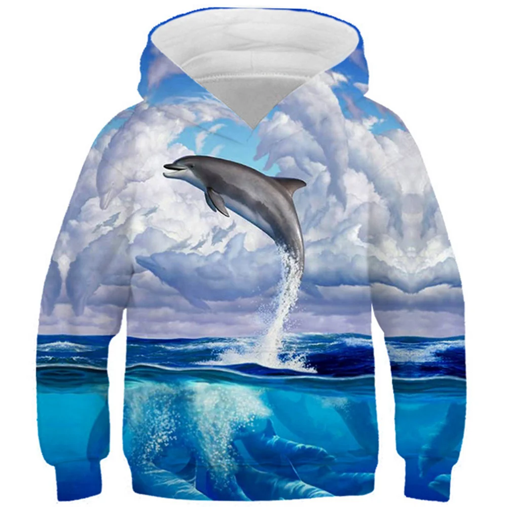 

Lovely Animal Dolphin Sea Water Cloud Funny Print Boy Girl 3D Hoodies 4-13Y Children Hooded Sweatshirt Kids Pullover Clothes