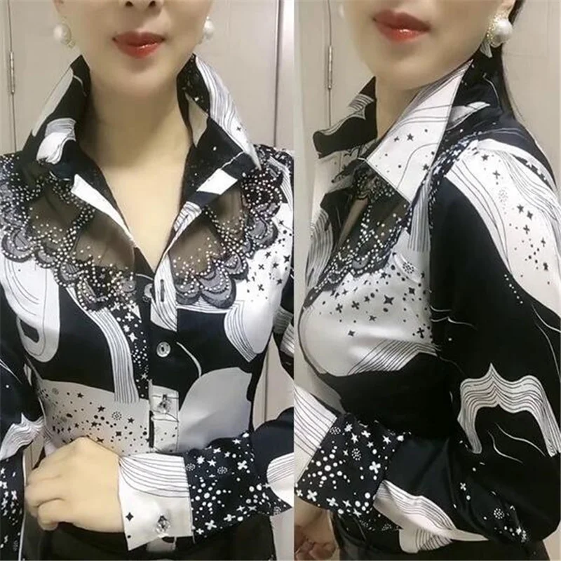 2023 Lace Mesh Shirt for Women Bottoming Shirt Net red Female Blusas Chiffon Shirt long-sleeved Floral Tops Western Blouse Shirt