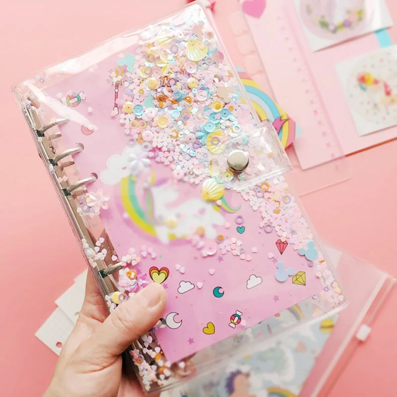 A5/A6 6 Ring Binder Transparent Pink Glitter Sequins Loose Leaf Notebook Cover Rings DIY File Folder Office School Stationery