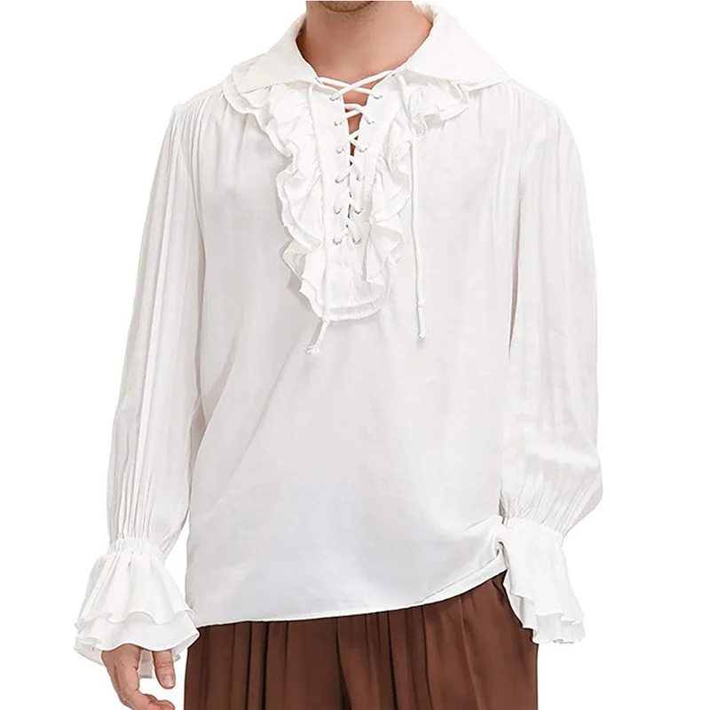 White Lace Up Ruffles Turn Down Collar Flare Sleeve Medieval Renaissance Vintage Pirate Shirt Gothic Top Victorian Clothes Men