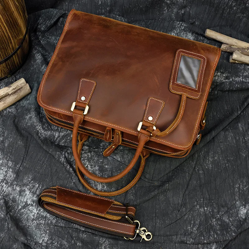Newsbirds Mens Leather Handbag 15.6 Inch PC Notebook Laptop Briefcase Shoulder Bag 100% Cowhide Man Bag Male Business Bag