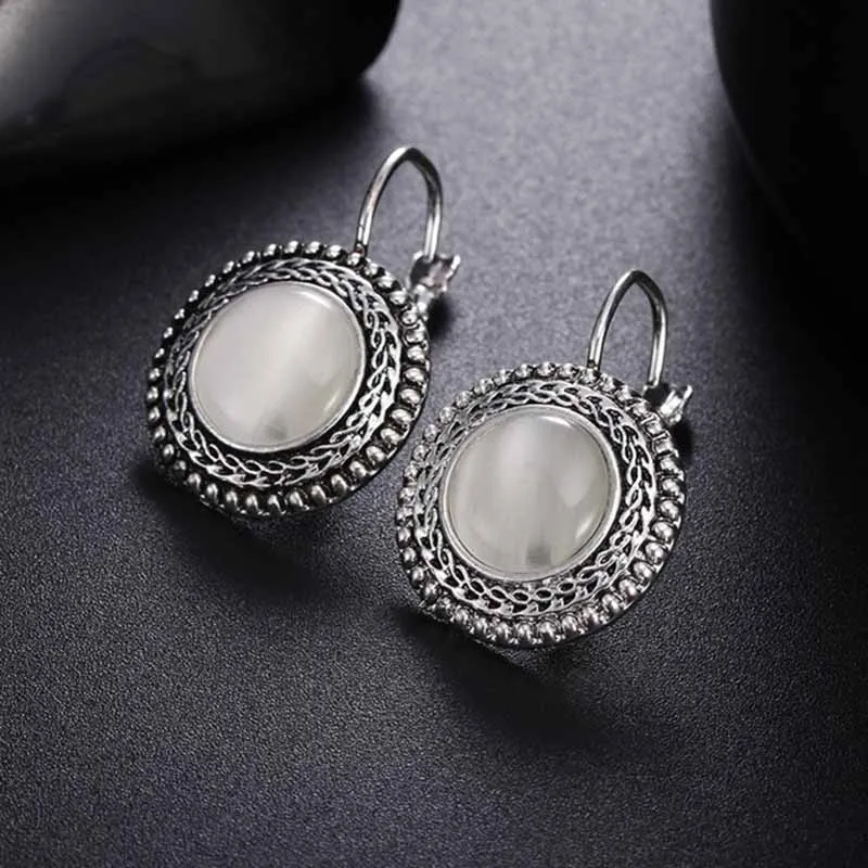 Fashion Boho High Quality Big Drop Earrings for Women Jewelry Carved Vintage Tibetan Silver Round Opal Bohemian Long Earrings