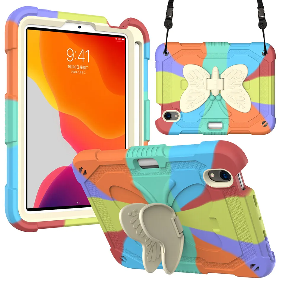 Butterfly Kids Cover for iPad 10.2 Silicone Case 7th 8th 9th Pro 9.7 5th 6th Air 10.5 Mini 6 Shockproof Cover with Strap