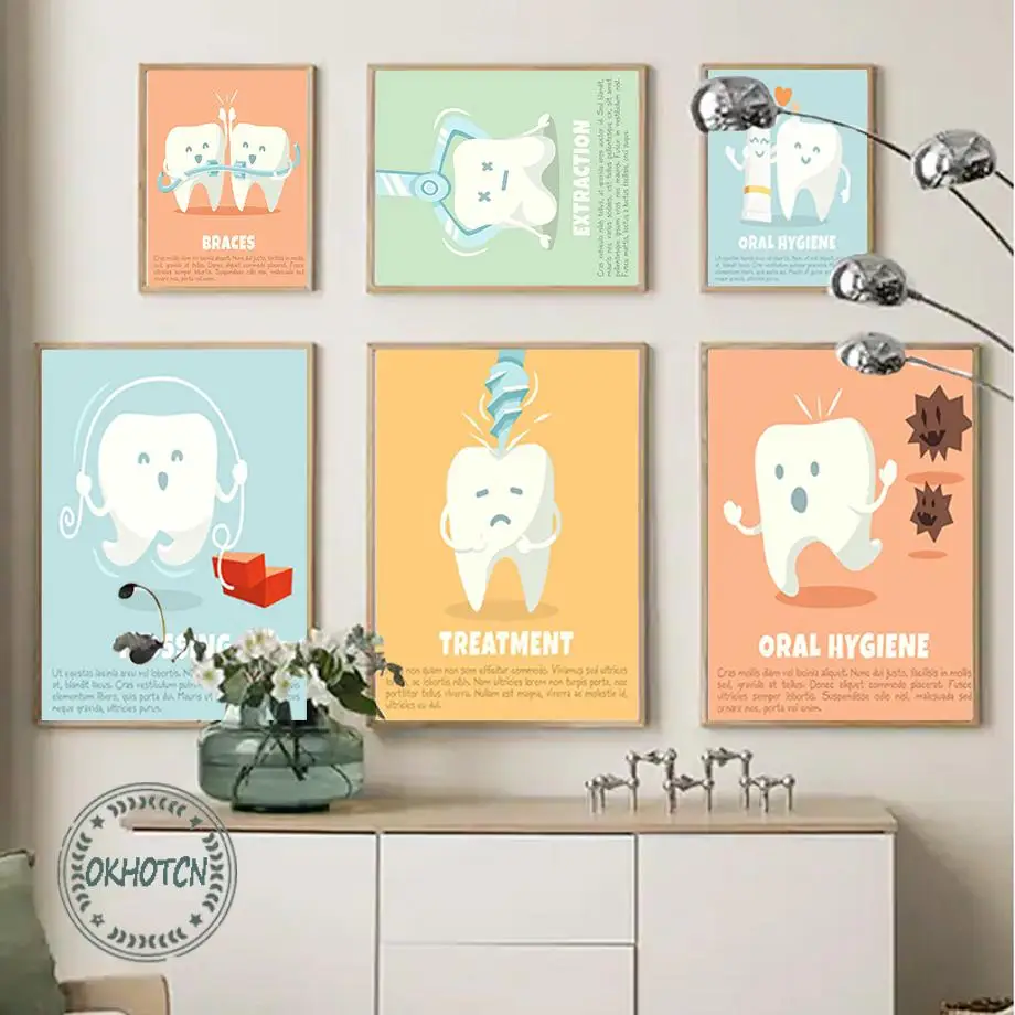 Latin Cartoon Child Teeth Treatment Oral Hygiene Education Canvas Painting Wall Art Poster Dental Clinic Kid Wash Room Decor