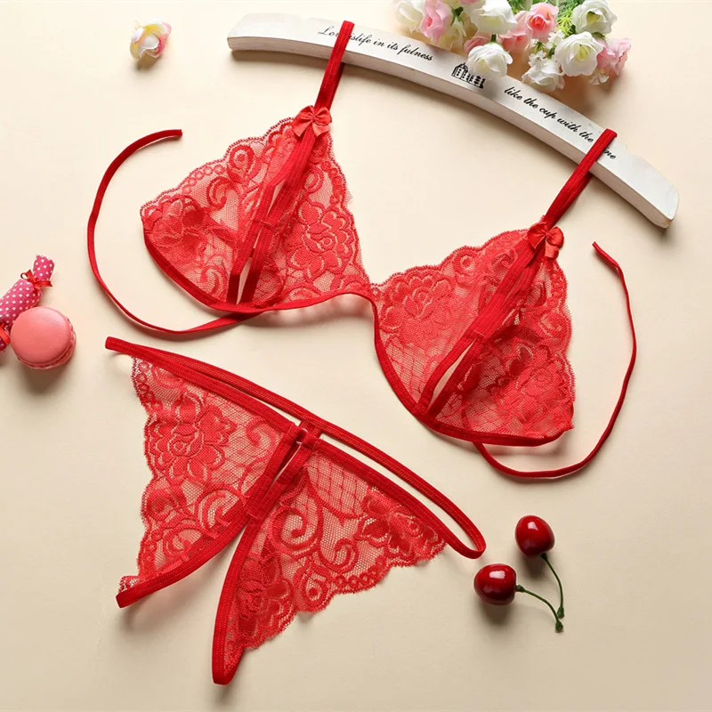 Lencería Sexy porno para mujer, conjunto de lazo sin entrepierna, ropa interior transparente de encaje, ropa Sexy caliente, Bikinis eróticos,