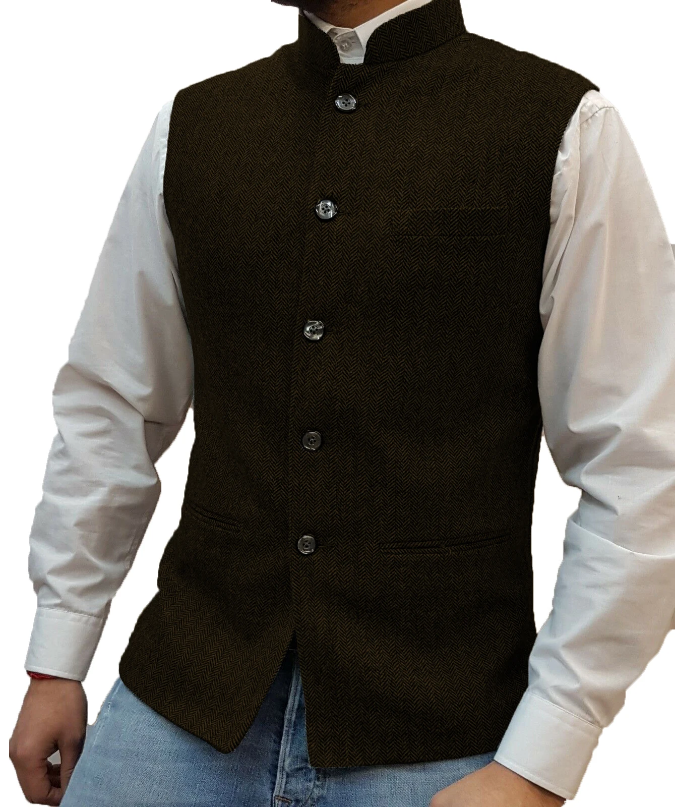 Chinese Style Stand Collar Formal Tweed Waistcoat/Vest Wool Herringbone Hight Quality Size Groom\'s Wear  Business