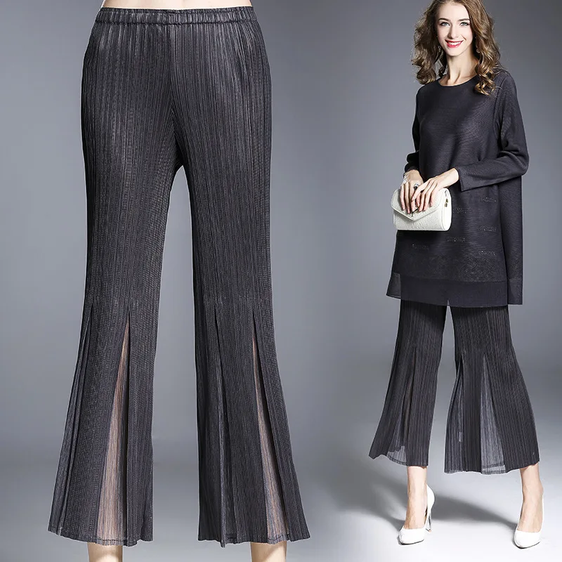 miyake pleated casual cropped women's trousers 2021 autumn high-waisted wide-leg split stitching pants for woman