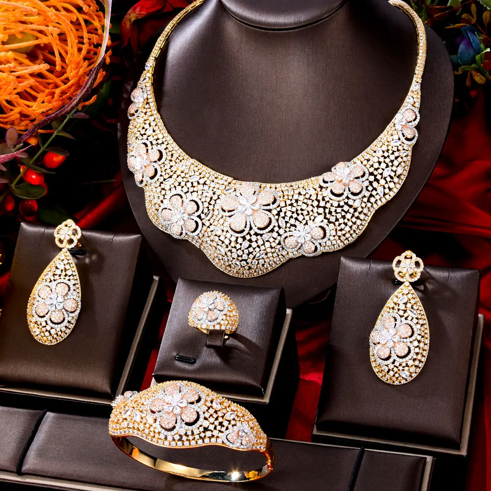 GODKI Luxury 2 Tone Flowers 4PCS Nigerian Bridal Jewelry Set For Women Wedding Zirconia CZ Dubai Indian jewelry Sets 2022