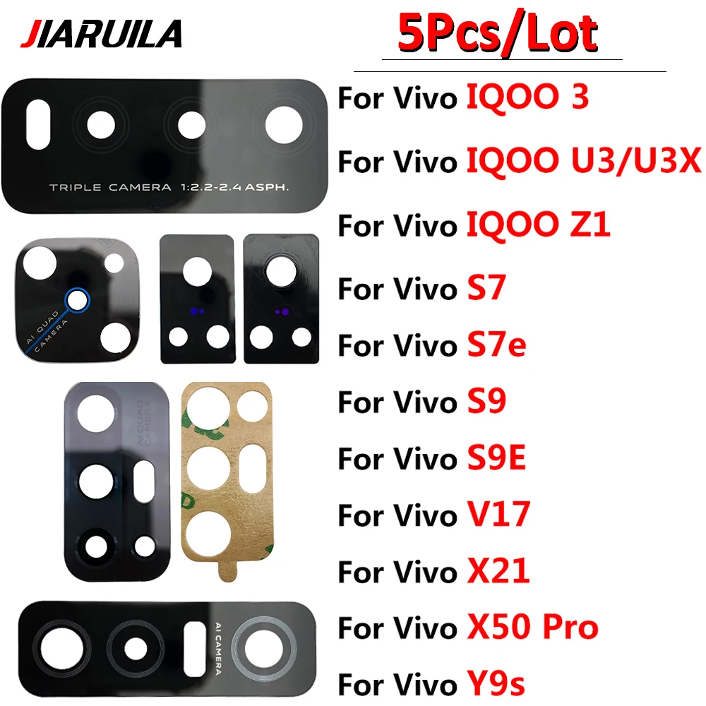 Lente de câmera de vidro traseiro para Vivo, traseiro, IQOO 3, U3, Z1, S7, S9e, V17, X21, X50 pro, Y9S, Y20, Y31, Y51, Y51S, Y73S, y93, Y16, Y02S, 5 PCes, novo