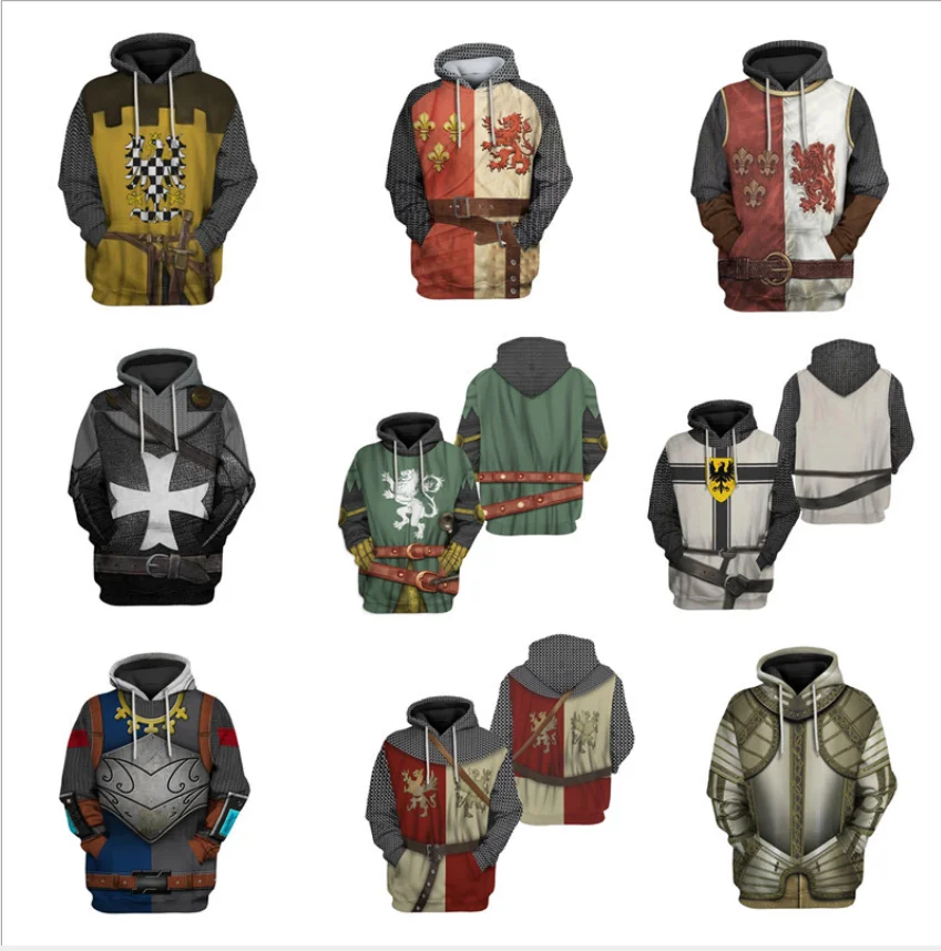 Men Cool 3D print Medieval Knight Hoodies Roman Warrior Solider uniform Cosplay Vintage  Knights Templar Pullober plus sie