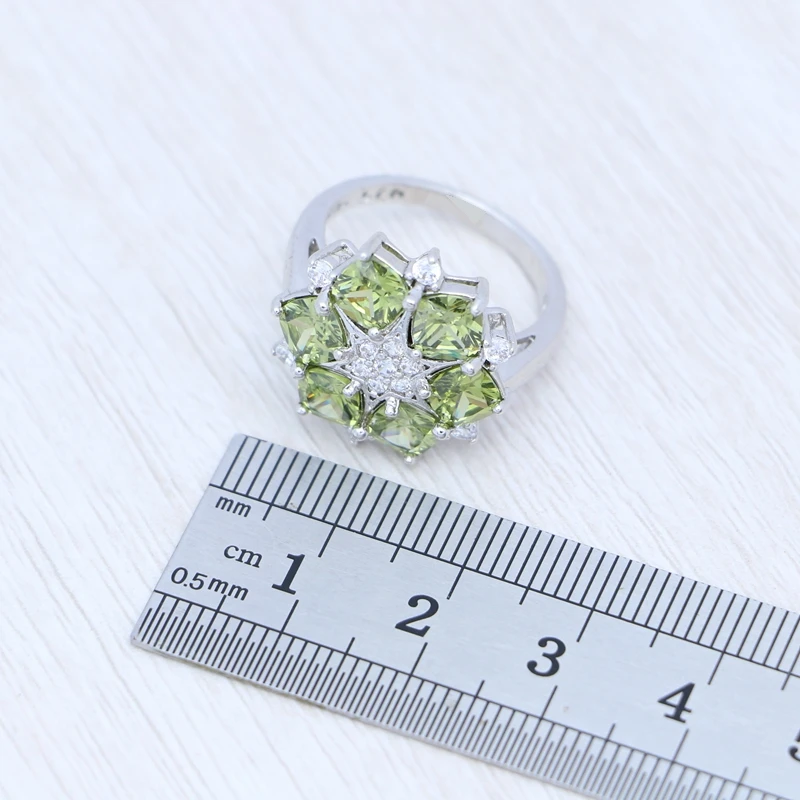 Woman's Ring 925 Sterling Silver Olive Green Cubic Zirconia Crystal Flower Ring Size 5.5 To 10 Shiny Topaz Ring