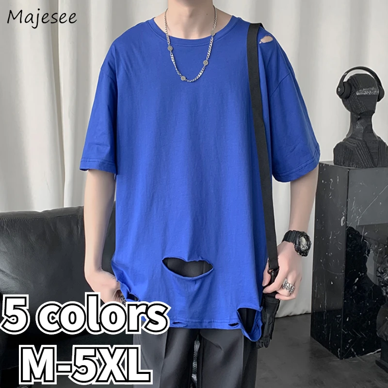 T-shirts Men Hole Ripped Asymmetric Sold High Street Males Tees Basic Korean Style Trendy Summer Loose Plus Size M-5XL Leisure