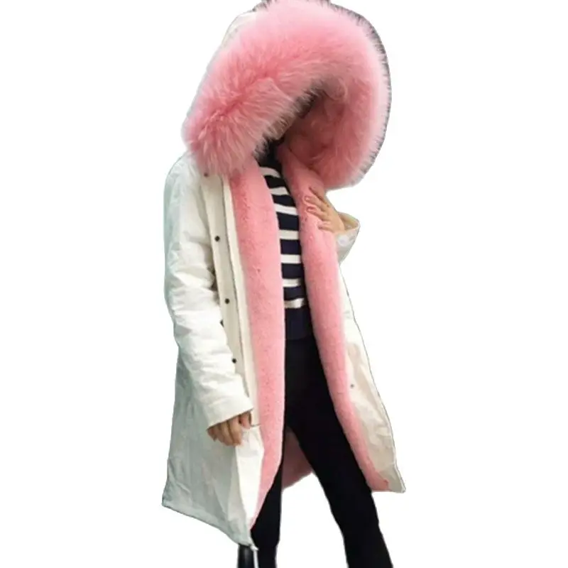 

White Parka For Women Casual Long Style Waist Can Be adjustable Real Raccoon Fur Collar Faux Fur Lining Color Can Be Changed