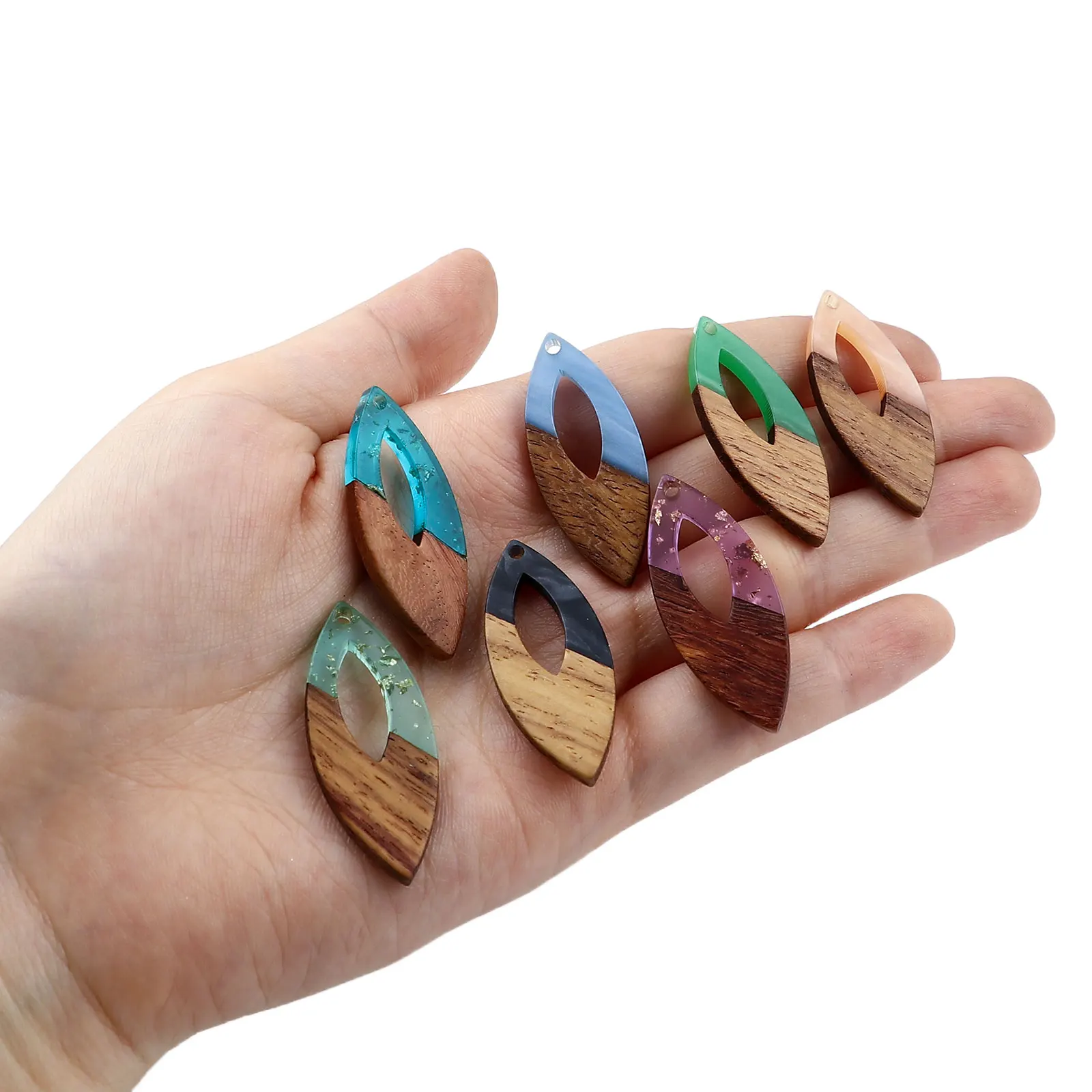 

3 PCs Resin & Wood Hollow Effect Resin Pendants Olive Shape Charms With Gold Color Leaf 3.8cm X 1.6cm For DIY Jewelry Making