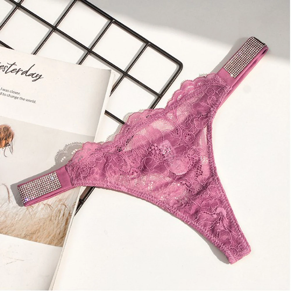 Love Letter Printed Rhinestone Panties Women Lace Thongs T Back Underwear for Female Soft Low Rise Underpants Lingerie