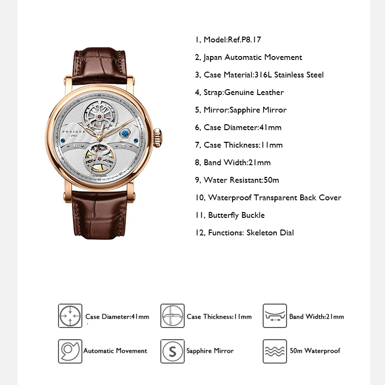 PONIGER Men Automatic Watch Luxury Male Watches Dress Mechanical Wristwatch Sapphire Mirror Leather Strap Skeleton Dial