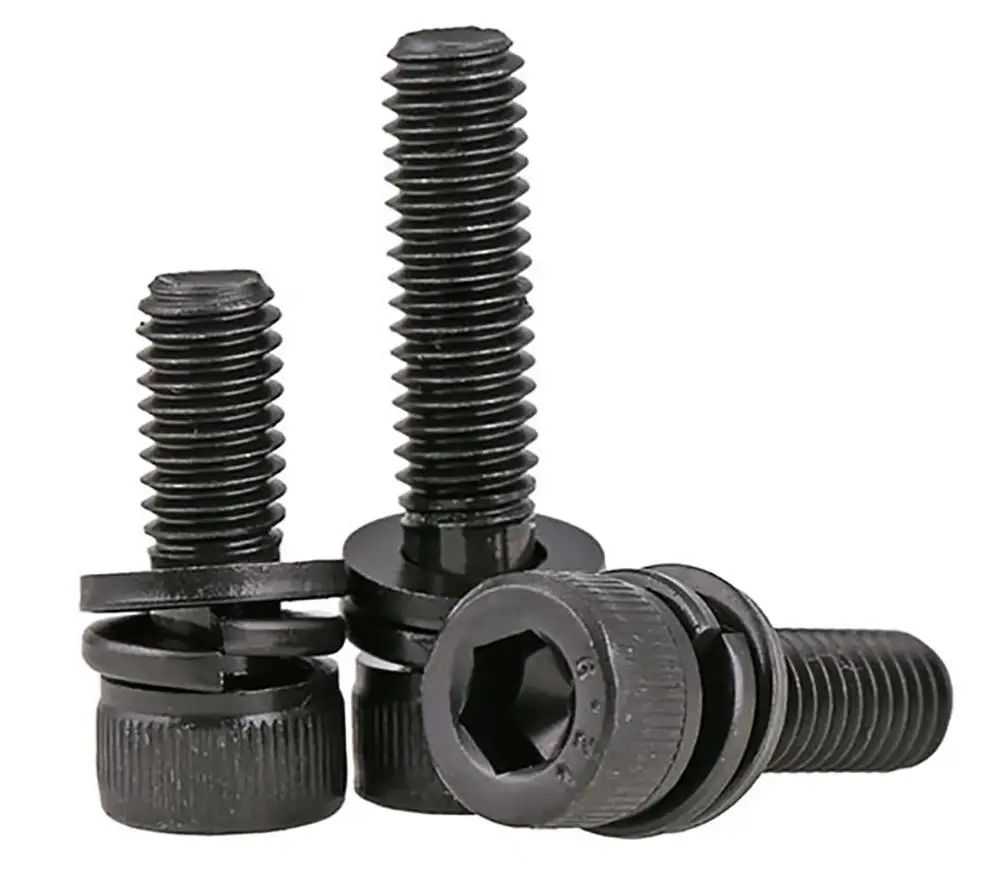 Black Hex Hexagon Socket Cap Head Three Combination Screws M3-M12 Allen Bolts Sping Washer/Flat Washer Kit Set 12.9 Grade