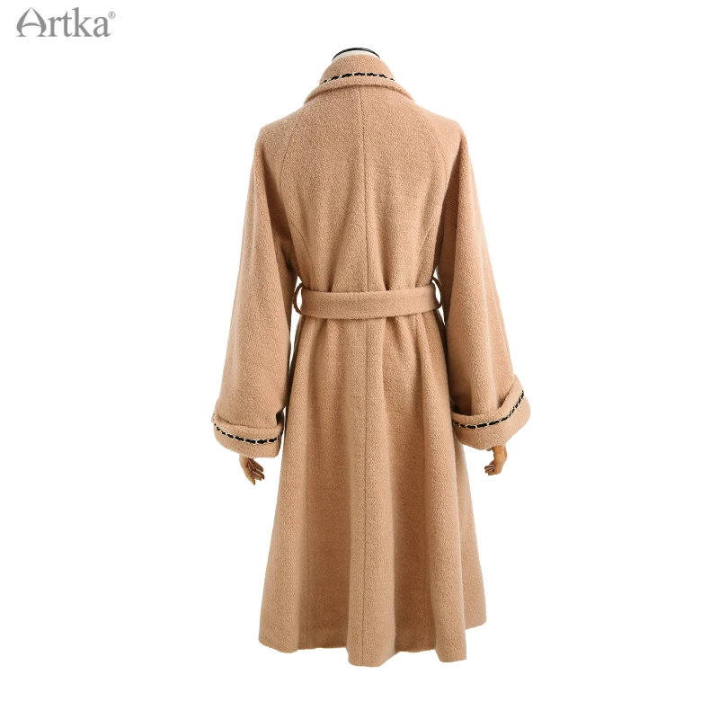 ARTKA 2021 Winter New Women Woolen Coat Elegant Vintage Ribbon Loose Woolen Coats Long Thicken Woolen Outwear With Belt FA20112D