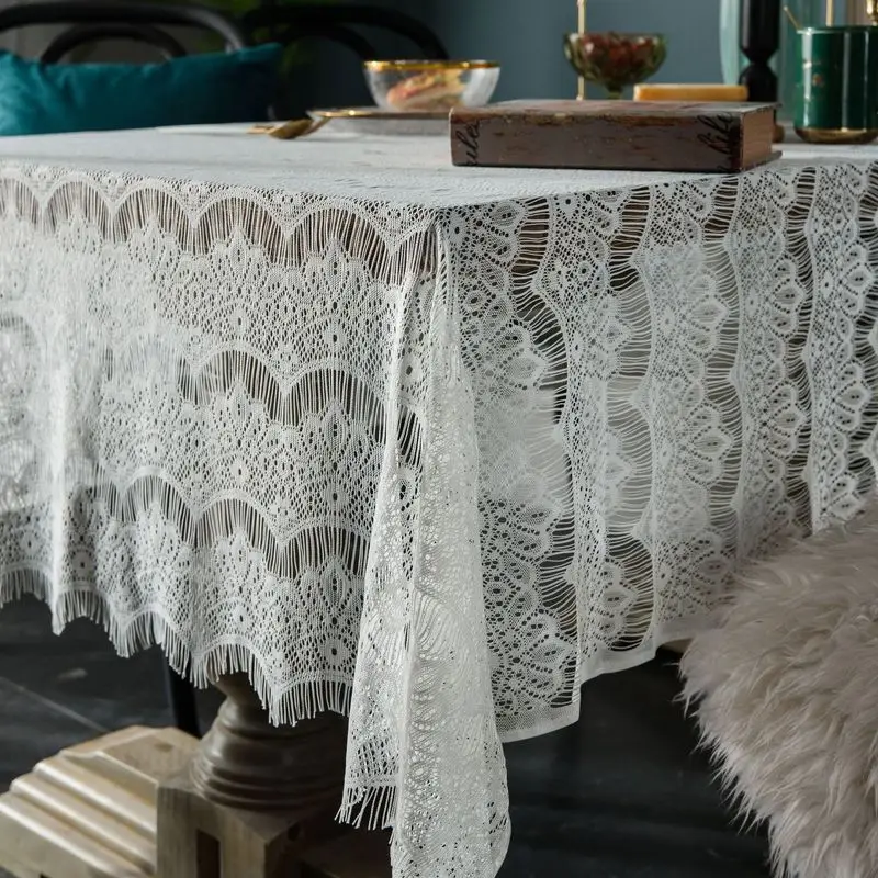 White Lace Tablecloth Rectangle Wedding Romantic Hollow Decoration Table Cover Clothes Napkin Coffee Cafe Tea Table Decor Cloth