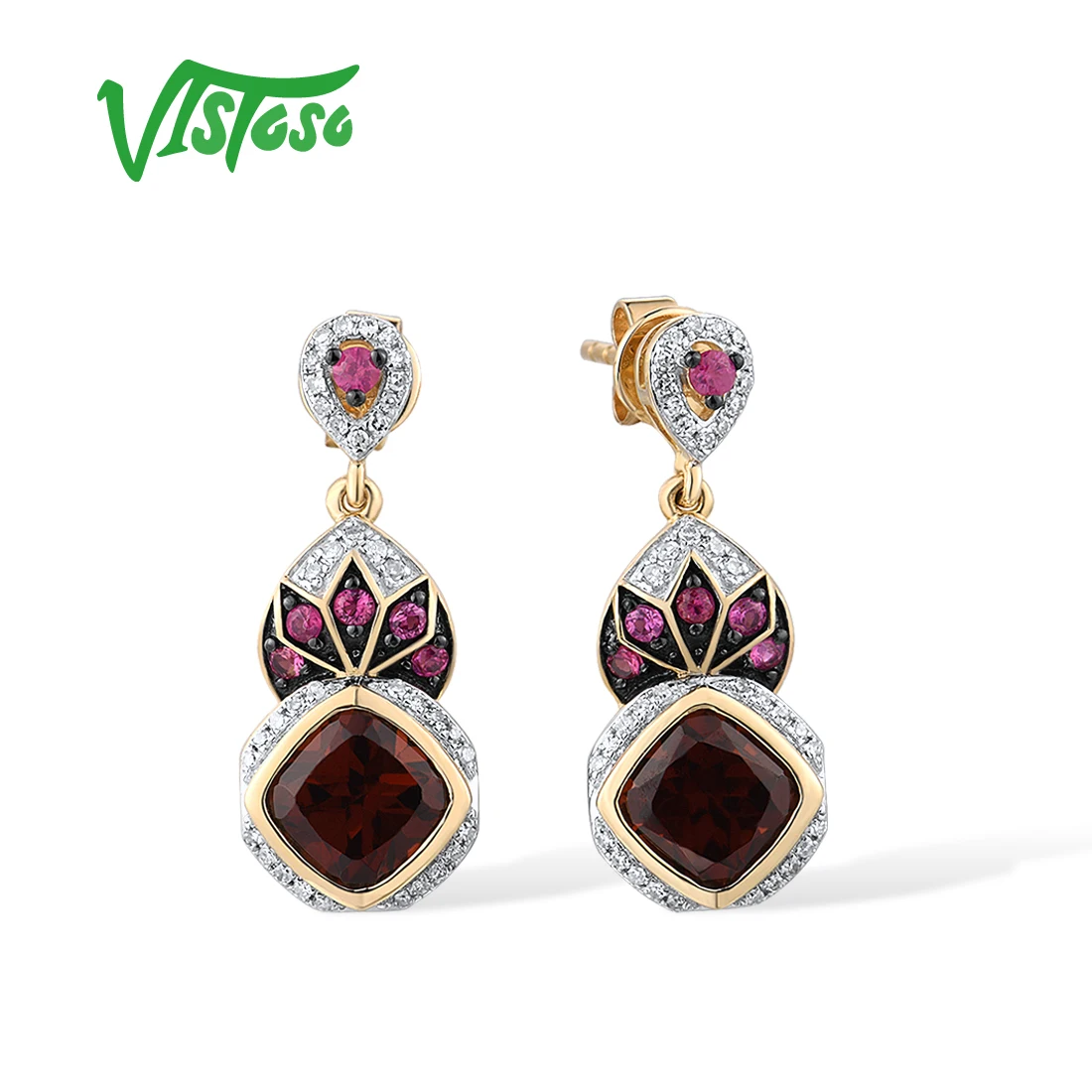 

VISTOSO Gold Earrings For Women Pure 14K 585 Yellow Gold Sparkling Diamond Rhodolite Garnet Ruby Chic Drop Earrings Fine Jewelry