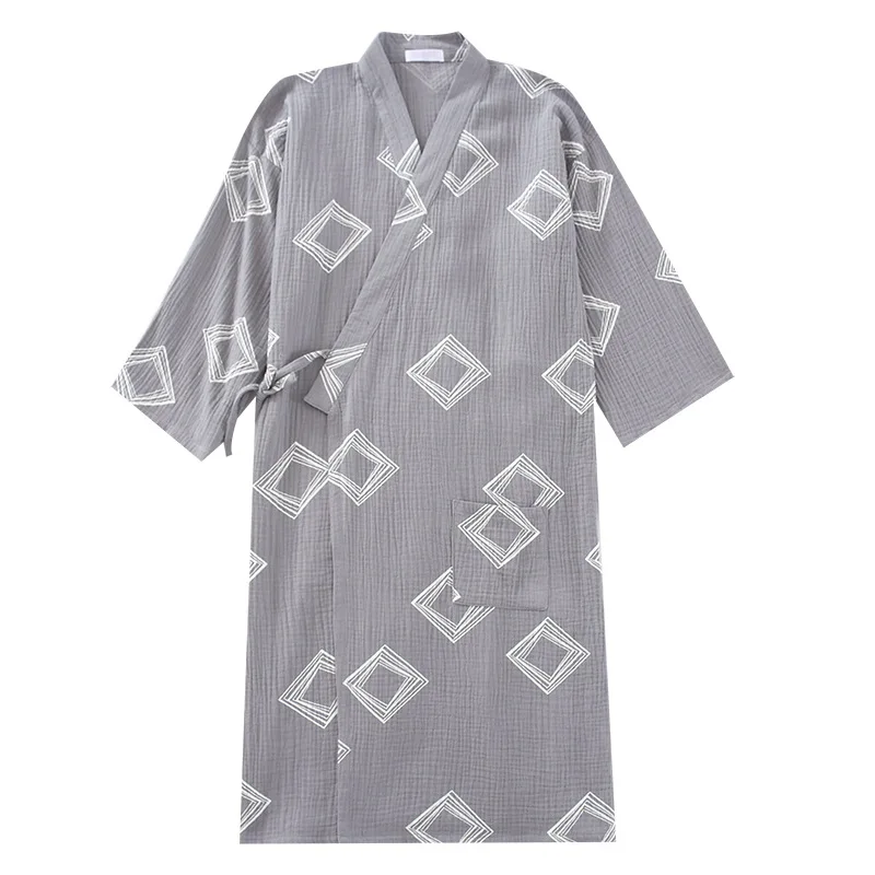 Summer Men Cotton Kimono Sleepwear V-Neck Loose Bathrobe Long Sleeve Nightgown Geometric Printing Robe Home Bath Robes