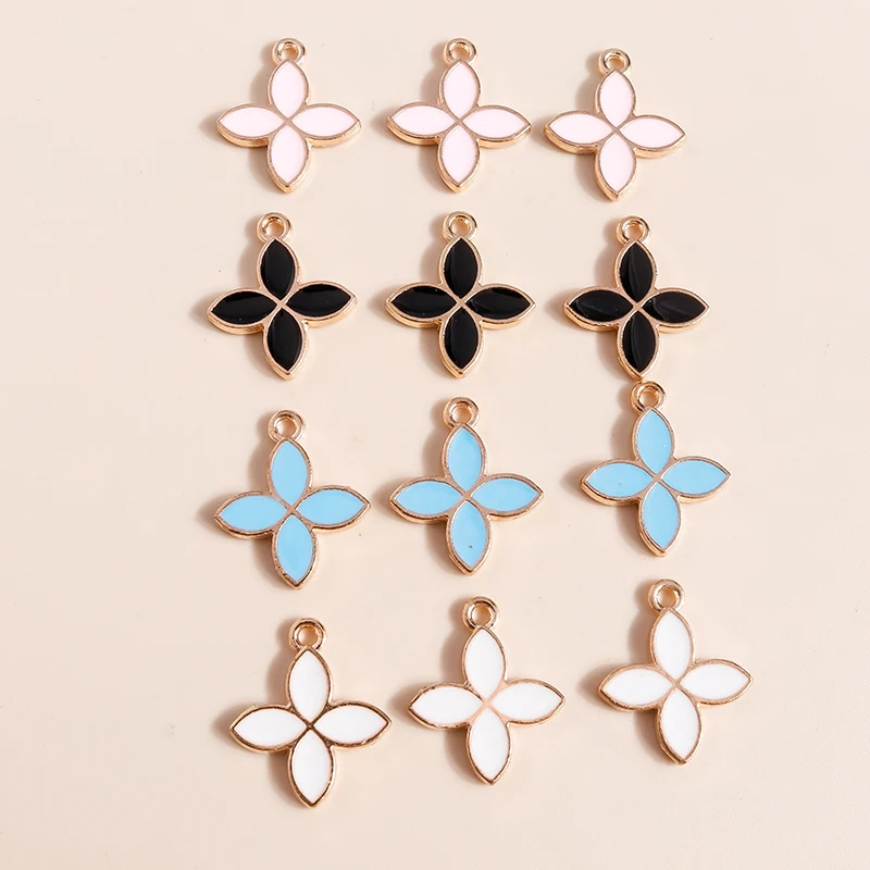 10pcs 18*16mm Enamel Flowers Charms for DIY Bracelet Earrings Four Leaf Clover Pendant of Necklace Jewelry Making Accessories