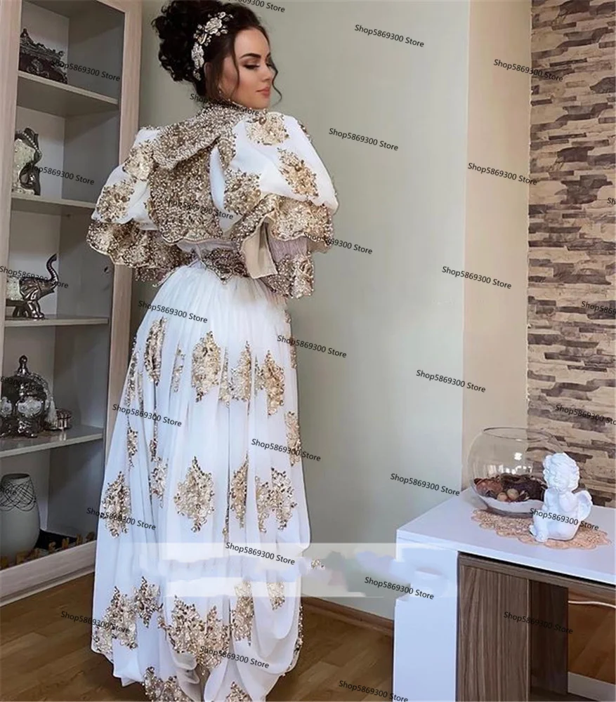 Customized  Algeria Caftan de soirée Prom Gowns Arabic Traditional Kosovo long sleeve applique lace beaded