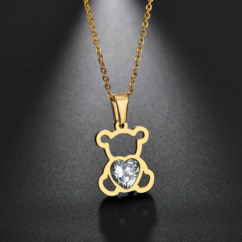 Sifisrri Fashion Hollow Zircon Cartoon Bear Pendant Necklaces For Women Girls Stainless Steel Link Chain Birthday Jewelry Gift