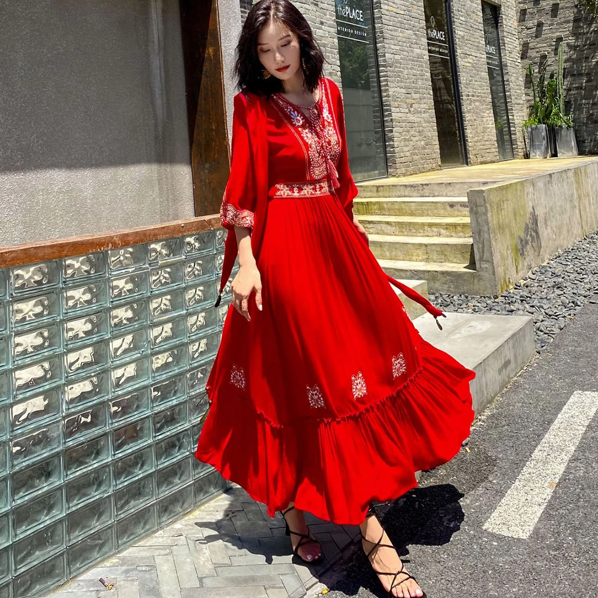 

Jastie Retro Indie Folk Embroidery Maxi Dress 3/4 Sleeve Spring Autumn Women Dresses Seaside Vacation Beach Dress Vestidos 2022