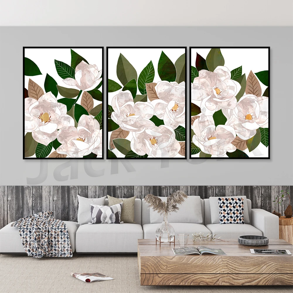 Magnolien-Druck, abstrakte Blumen, Blumendekor, botanische Kunst, Wohnzimmerdekoration, Wanddekoration, einheimischer Flora-Druck