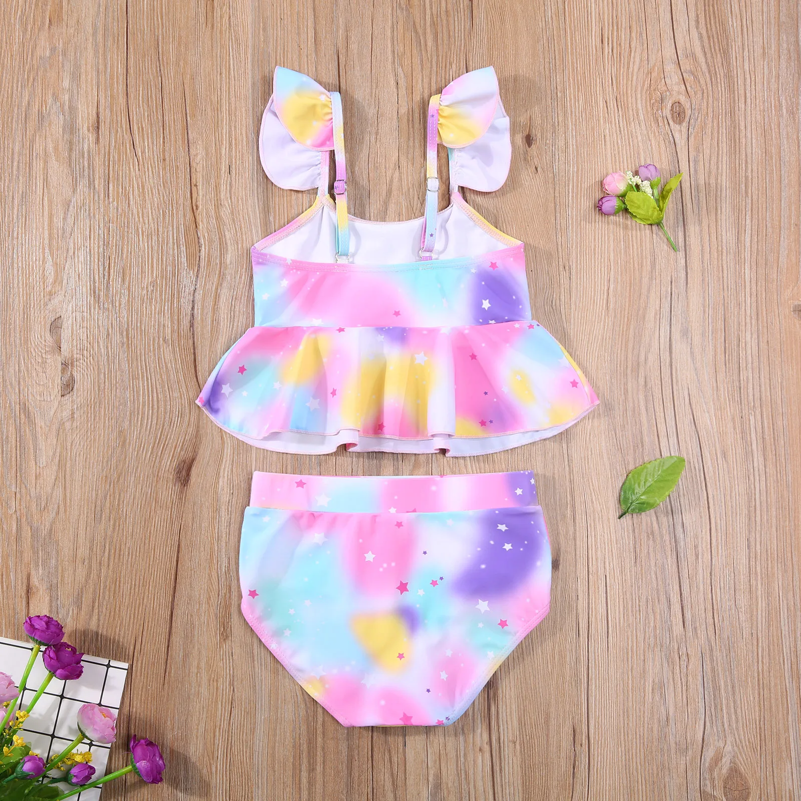 Newest Arrival Girl\'s Two Piece Swimsuit Children Unicorn Pattern Ruffle Hem Fly Sleeve Tops Swimming Shorts for Kids