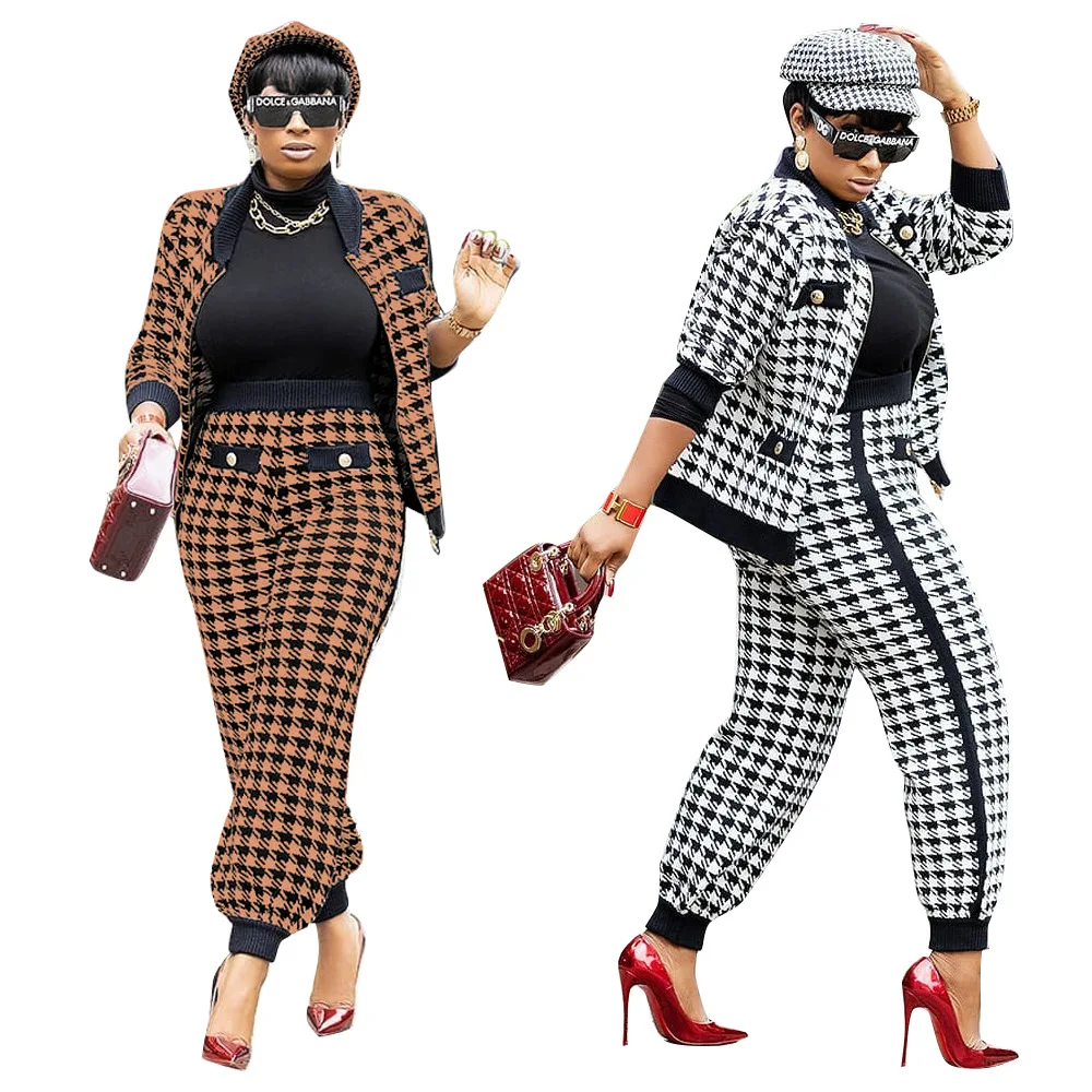 Houndstooth Patchwork Two 2 Piece Set for Women Vintage Fitness Outfits Jacket + Pants Set Streetwear Tracksuit