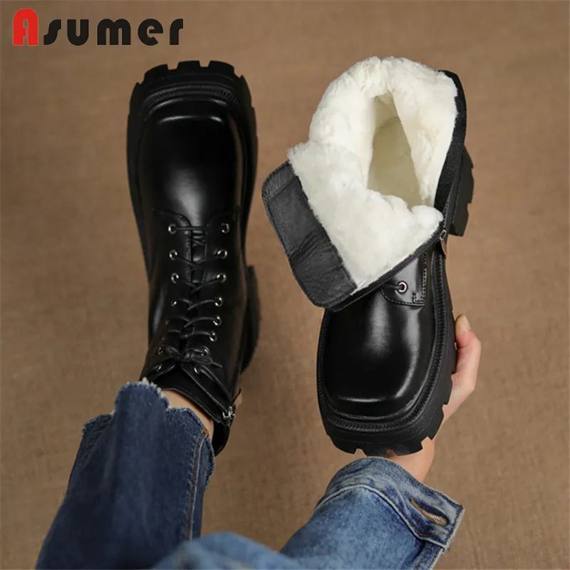 

Asumer 2022 Vintage Genuine Leather Shoes Women Winter Snow Boots Lace Up Zip Thick Bottom Casual Wool Ankle Boots Women