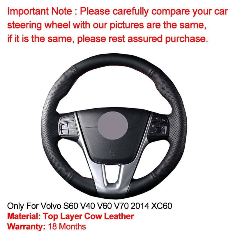 HuiER Hand Sewing Car Steering Wheel Cover Volant Funda Volante Top Layer Cow Leather For Volvo S60 V40 V60 V70 2014 XC60 Auto