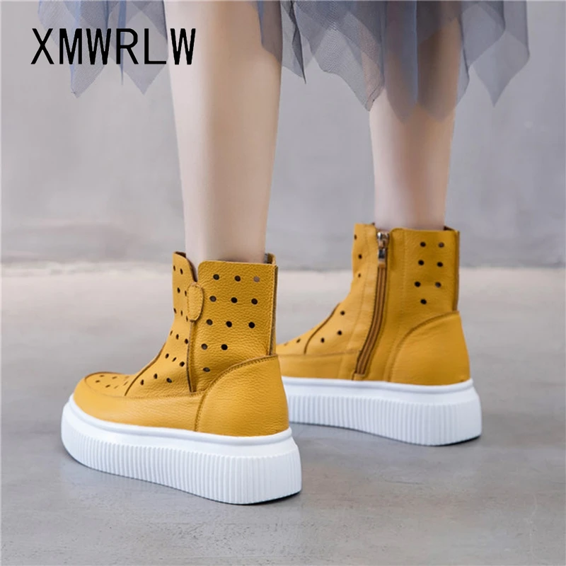 

XMWRLW Genuine Leather Boots For Women Summer Shoes Thick Sole Female Boot Fashion Solid Color Women Ankle Boots Summer Shoes